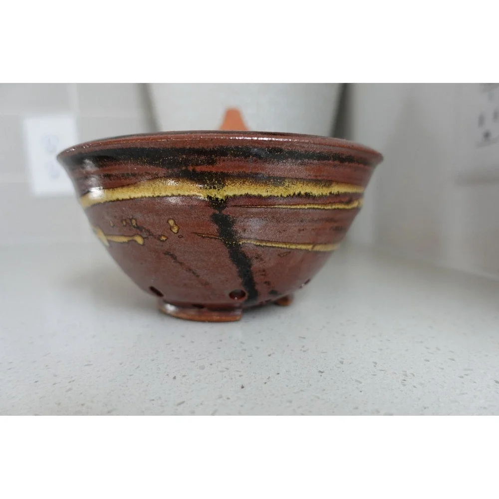 Handmade Pottery Berry Bowl‎ Colander Brown Glazed Ceramic Kitchen Decor